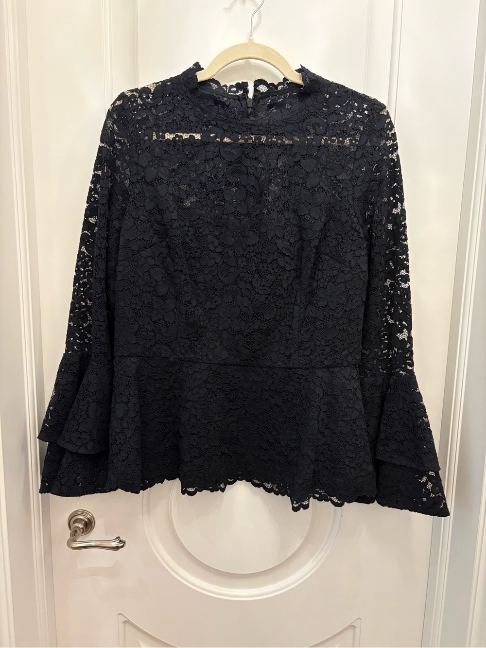 Teri Jon Blavk Lace Peplum Blouse with Bell Sleeves